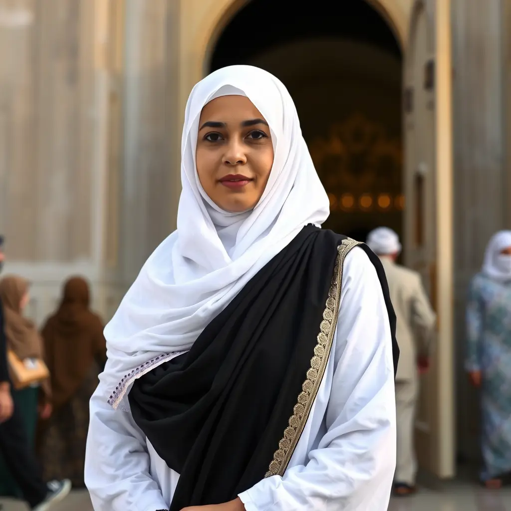 الصورة بزي سعودي ثوب ابيض وغترة بيضاء وعقال وبشت اسود الخلفية باب مسجد وناس يخرحون من المسجد والتركيز على الشخص القريب
