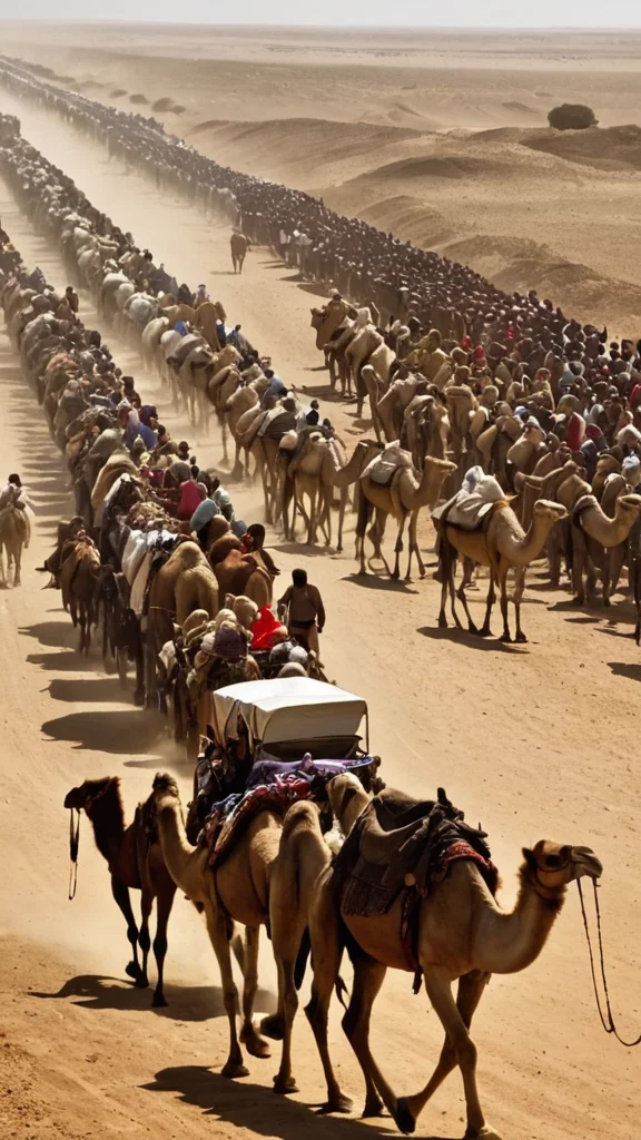 صورة قديمة قبل اختراع السيارات والدبابات. التاريخ 2000 ق.م. .القافلة تحتوي على مجموعة من الإبل و الرجال .بعض الابل تحمل رجالاً و البعض يحمل هودج و البعض الاخر يحمل بضائع تجارية . خلف القافله هنالك رجال يمشون سيراً على اقدامهم .