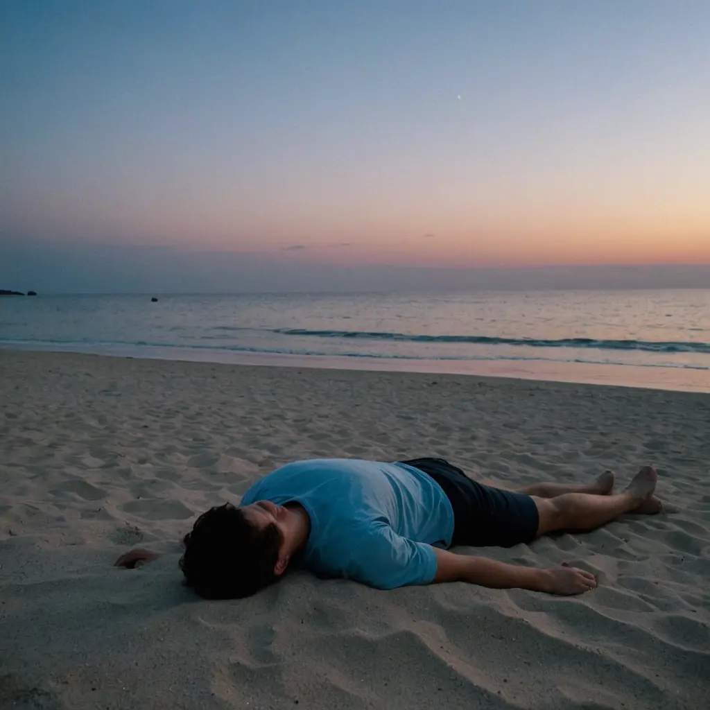 رجل يرقض علي شاطئ البحر اثناء الغسق