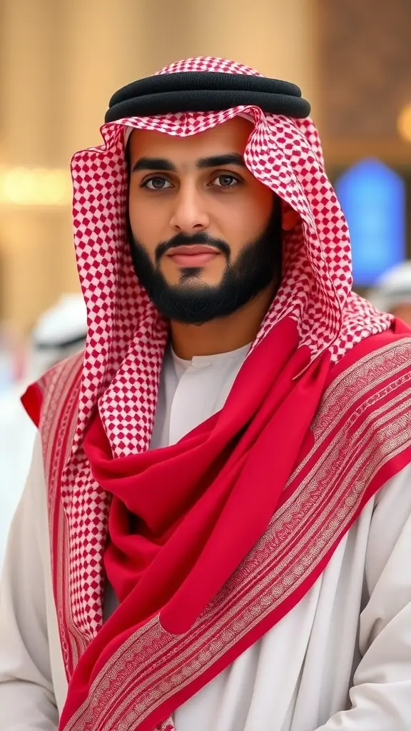 صورة لشاب سعودي وسيم ملتحي لحية شبابة بطول 186 سم ووزن 84 كجم بالزي السعودي والشماغ الاحمر والثوب السعودي بدون بشت يوم العيد