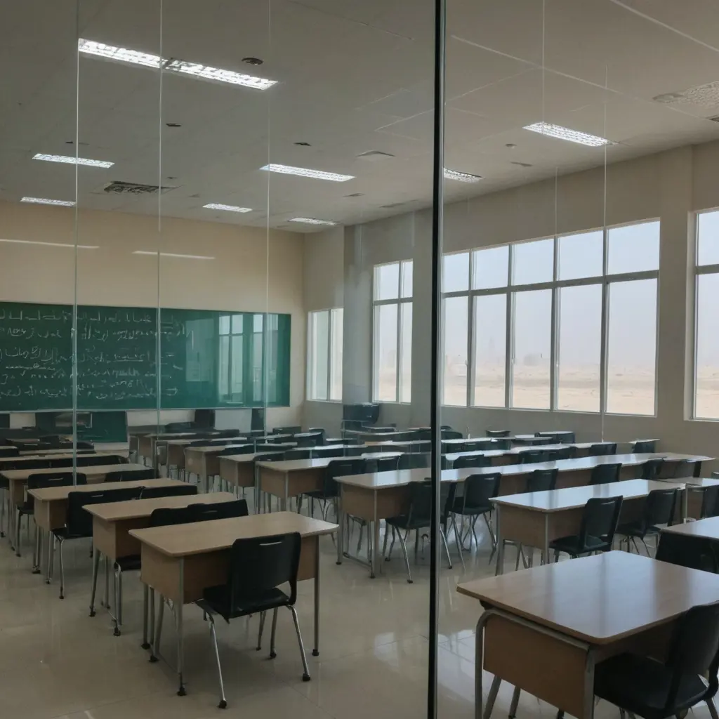 صوره لفصل تعليمي يظهر عبر الزجاج أنه في السعوديه بدون طلاب
