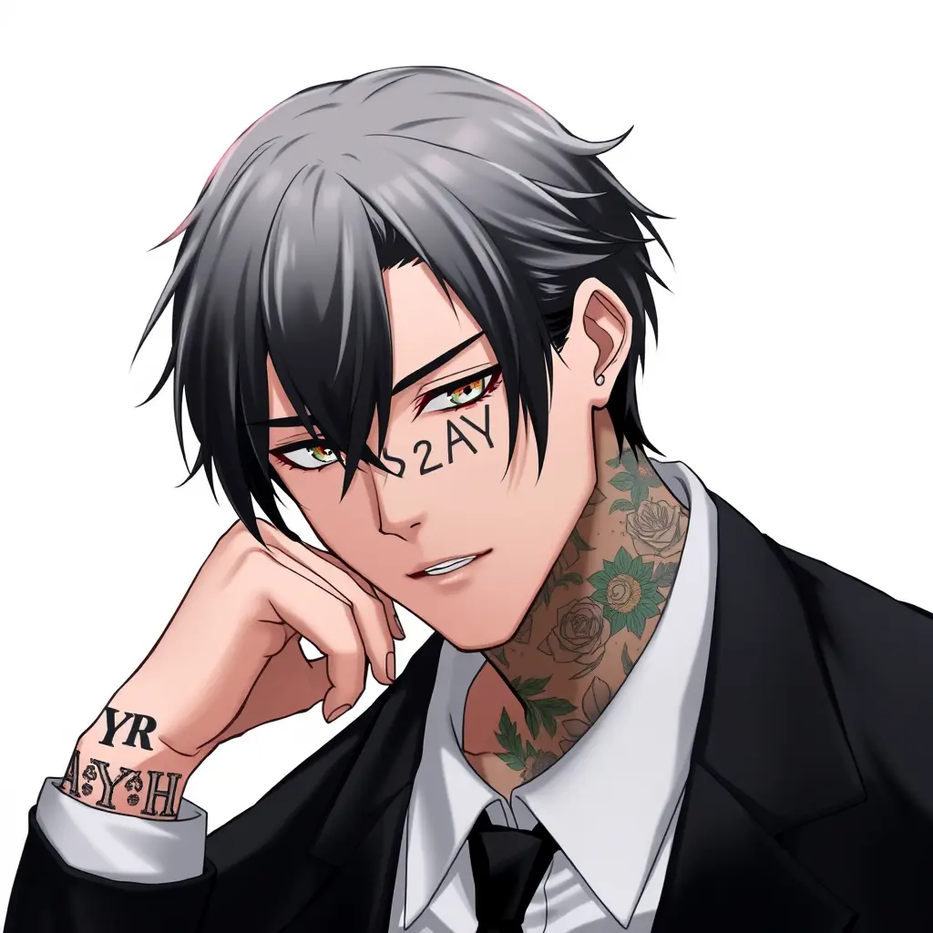 رجل انمي شعره اسود يرتدي بدلة سوداء وخلفيه بيضاء ويحمل وشم بوسط جبينة باسم S2AYR و مليء بالوشم 