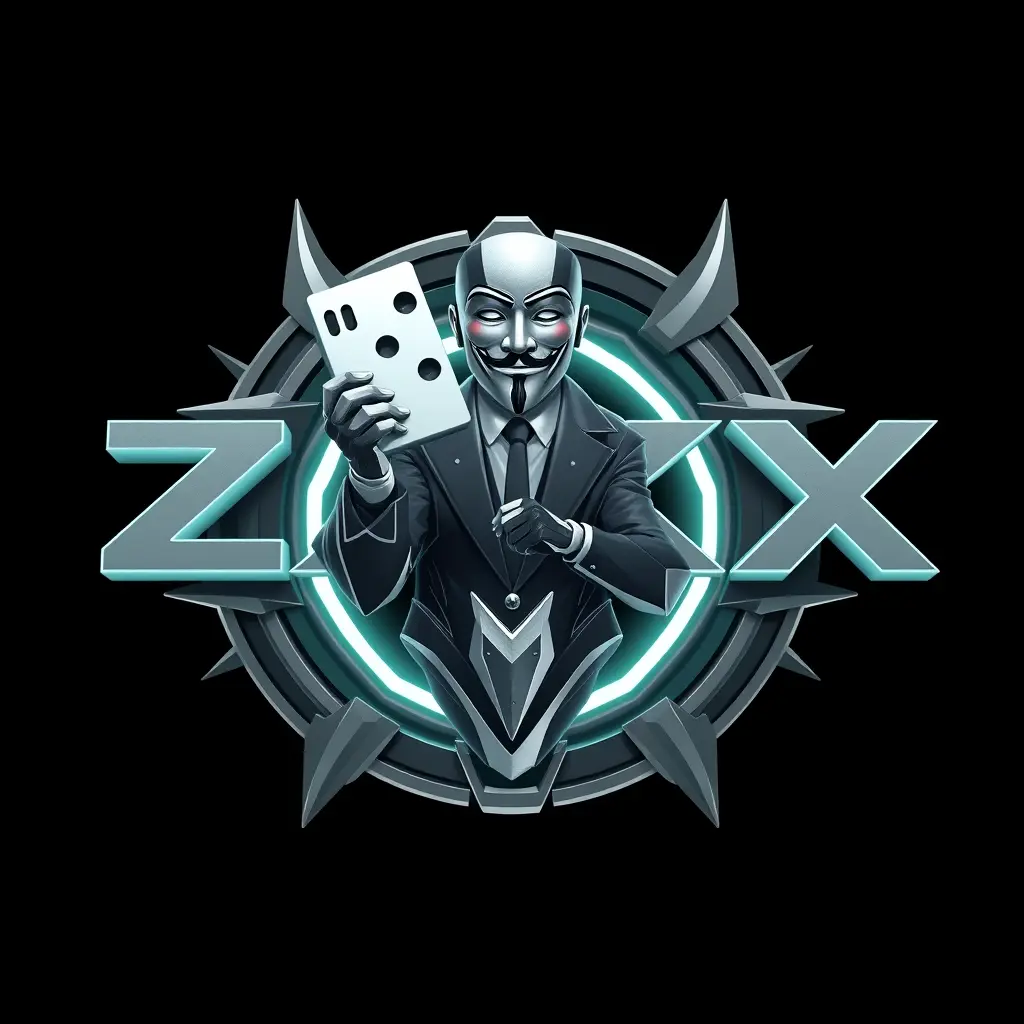 Generate a detailed futuristic style logo in 3d for a company named 'ZAKI ZIOX '  in the technology field. The logo should prominently feature Domino and Anonymous and Gentleman which uses gray colors palette.