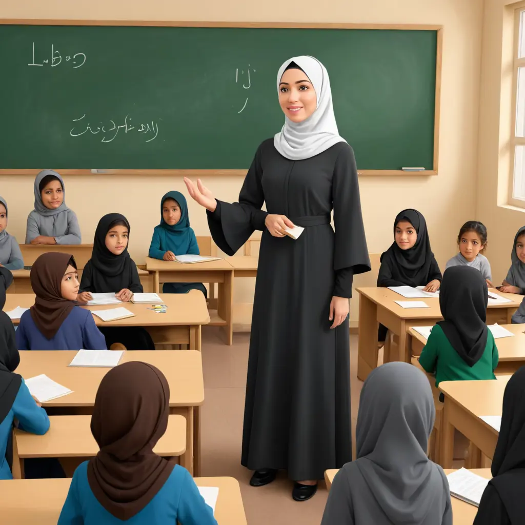 صورة كرتونية لمعلمة ترتدي عباءة عند السبورة أمام طالباتها البنات في المرحلة الابتدائية في الصف الرابع والطالبات محجبات يرتدي ملابس المدرسة يستمعون إليها بتركيز