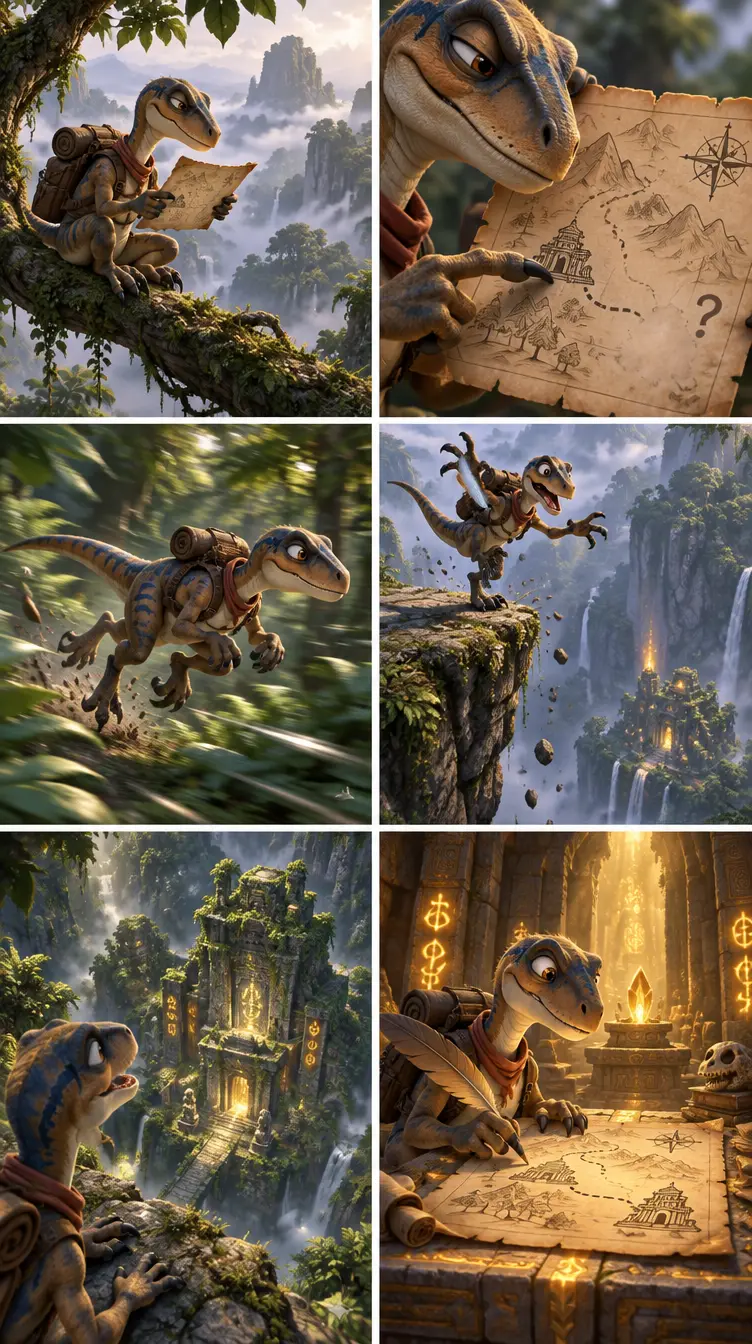 **Velociraptor — The Fast Scout**
**“The Map That Doesn’t Exist”**
Create a **vertical story storyboard consisting of 6 frames (2×3 grid)** in a **Pixar style**, featuring an **anthropomorphic velociraptor scout**.
**Frame 1 (top-left):**
The velociraptor sits on a branch high above a misty forest, studying an old, worn-out map. Morning fog, soft diffused light.
**Frame 2 (top-right):**
Close-up of the map — a path is drawn on it, but the final part of the route has been erased. The velociraptor’s claw points toward the empty area. Facial expression: narrowed eyes and a sly smile.
**Frame 3 (middle-left):**
The velociraptor races through a dense forest at incredible speed. Leaves and branches are blurred by motion. Dynamic side angle, speed lines.
**Frame 4 (middle-right):**
A sudden stop at the edge of a cliff. The velociraptor balances on one leg, waving his arms. A comedic moment, with small rocks falling into the abyss. Wide shot showing the chasm.
**Frame 5 (bottom-left):**
Below, a hidden ancient temple covered in vines and moss, with glowing runes. The velociraptor looks down with his mouth open in amazement. Magical light shines from below.
**Frame 6 (bottom-right):**
The velociraptor is now inside the temple, completing the missing part of the map while sitting beside a glowing altar. A satisfied smile, a feather held in his claw. Warm golden glow.