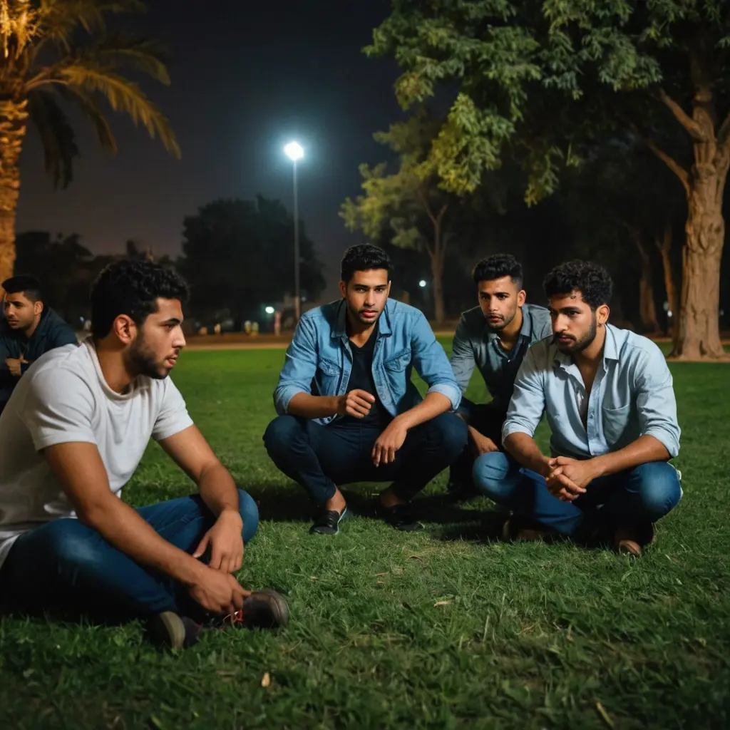 مجموعة شباب مصريين فلاحين ومعهم شخص غاضب منهم في الحديقة جالسين على العشب ليلا