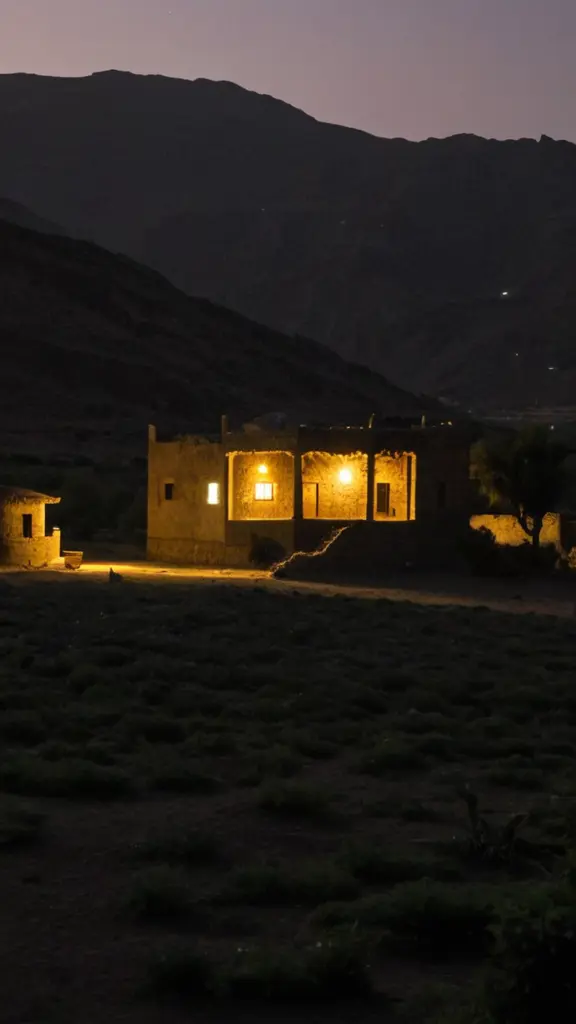 بيت شعبي قديم في وسط المزرعة في الليل في دولة اليمن