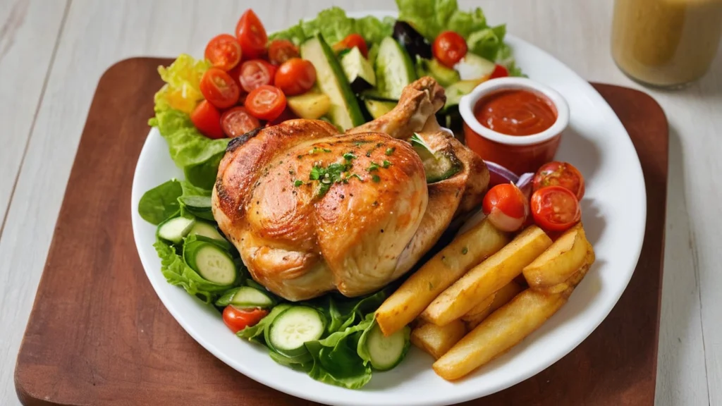 اريد طبق يظهر كامل الصورة فيه نصف فروج مشوي فقط ( لا اريد الفروج مكتمل )مع اصابع بطاطا مقلية و بكمية قليلة لسلطة خضار الناعمة و هي من طماطم وخيار و خس و معه علبة صوص واحدة" بكاميرا احترافية نوع كانون بزاوية 45 درجة"