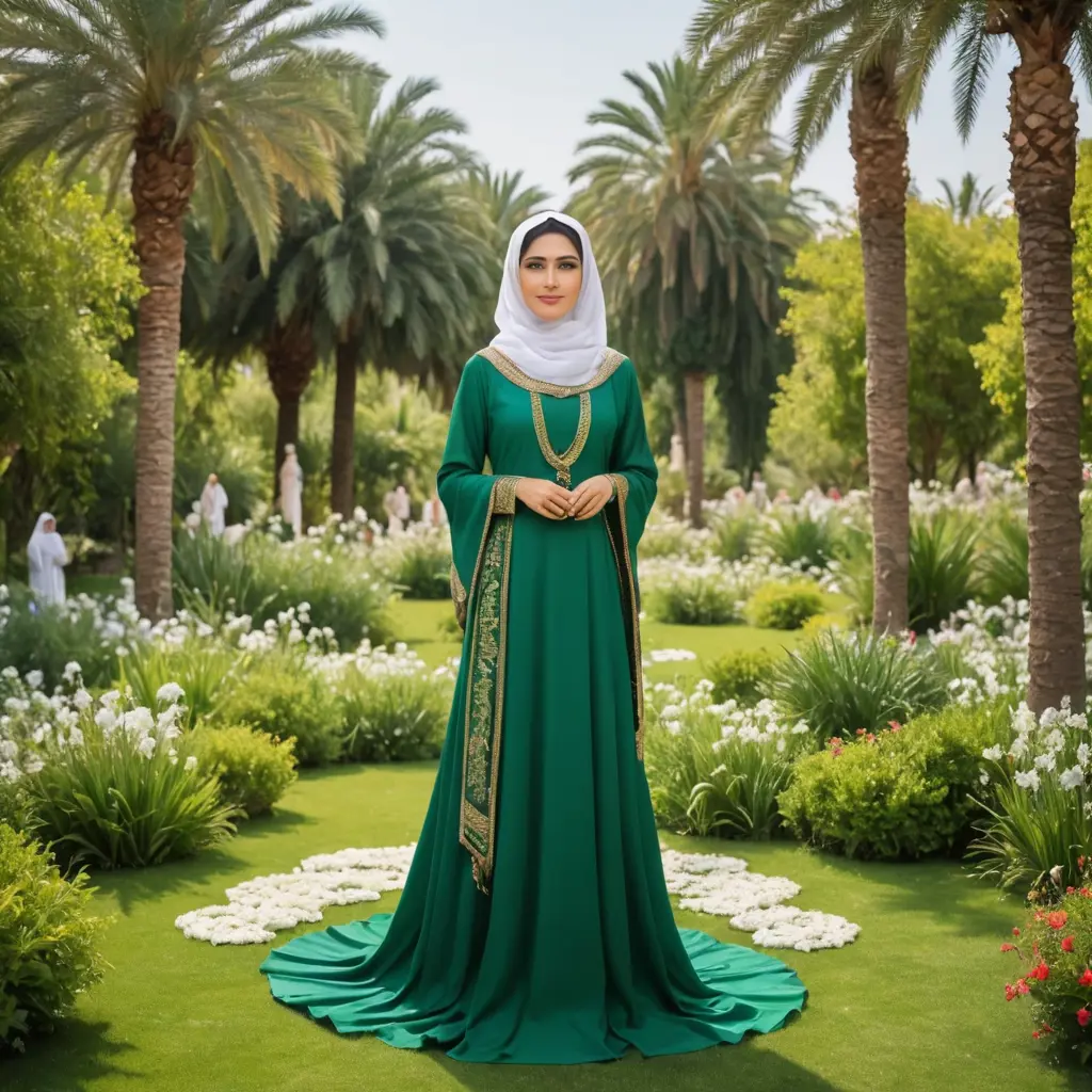 السيدة فاطمة الزهراء في الجنة وسط حديقة خضراء وحولها الملائكة