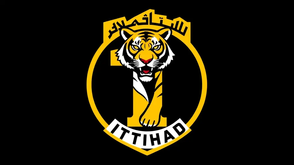 شعار نادي الاتحاد السعودي لكرة القدم مع نمر داخل الشعار وتصميم الشعار على رقم 1 والالوان اصفر و اسود ITTIHAD والشعار ياتي عامودي والخلفية سوداء