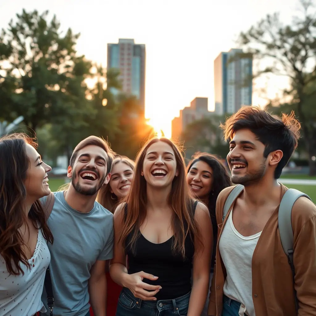 مجموعة أصدقاء مختلفين يضحكون تحت ضوء الغروب الذهبي، تصوير بفتحة عدسة واسعة وعمق ضحل، في حديقة بالمدينة