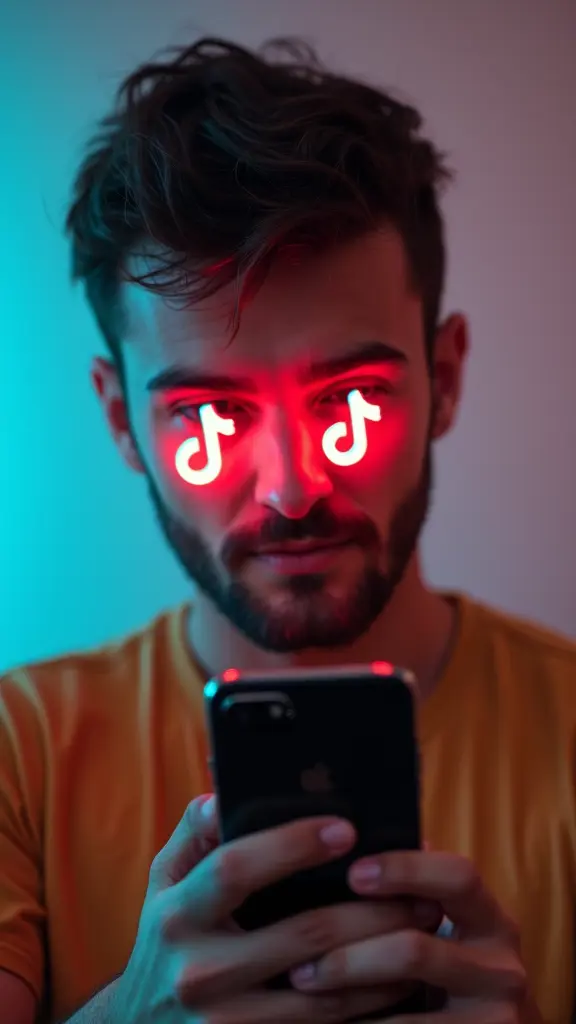 شخص ماسك موبايل، وعيونه عم تتحرك بنفس اتجاه التيك توك والانستغرام