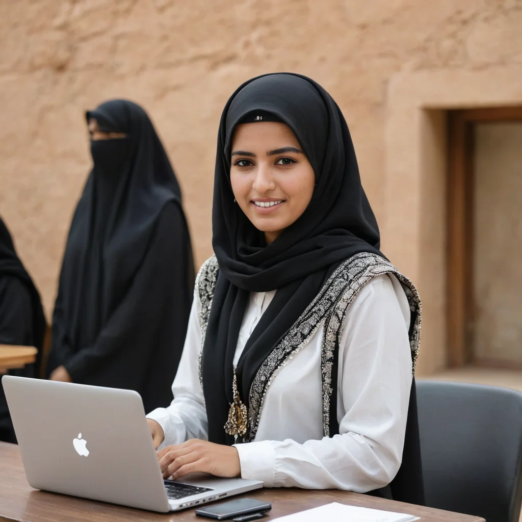 صورة بنت  بدوية  في الجامعة ومعها لابتوب تقدم كلمة