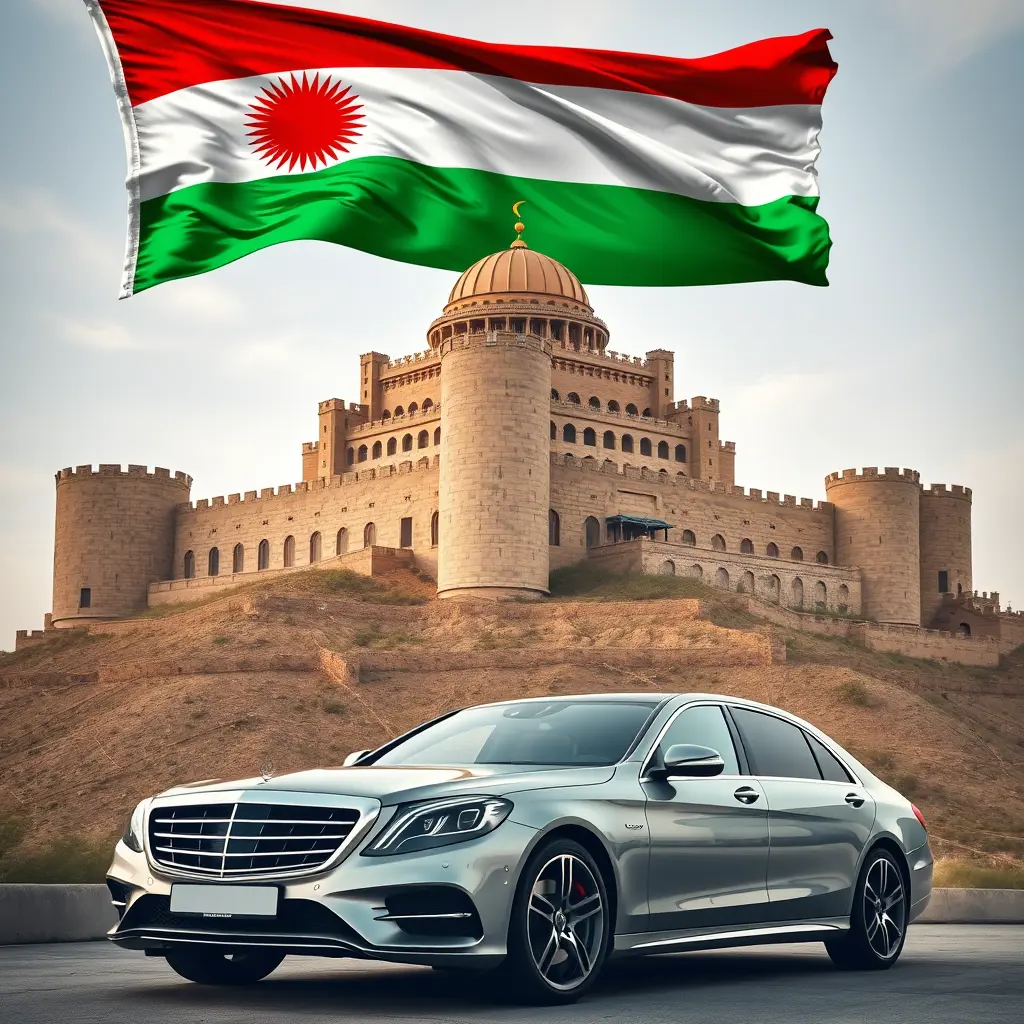 قلعة اربيل وفوقها علم كوردستان مع وجود سيارة مرسيدس s كلاس