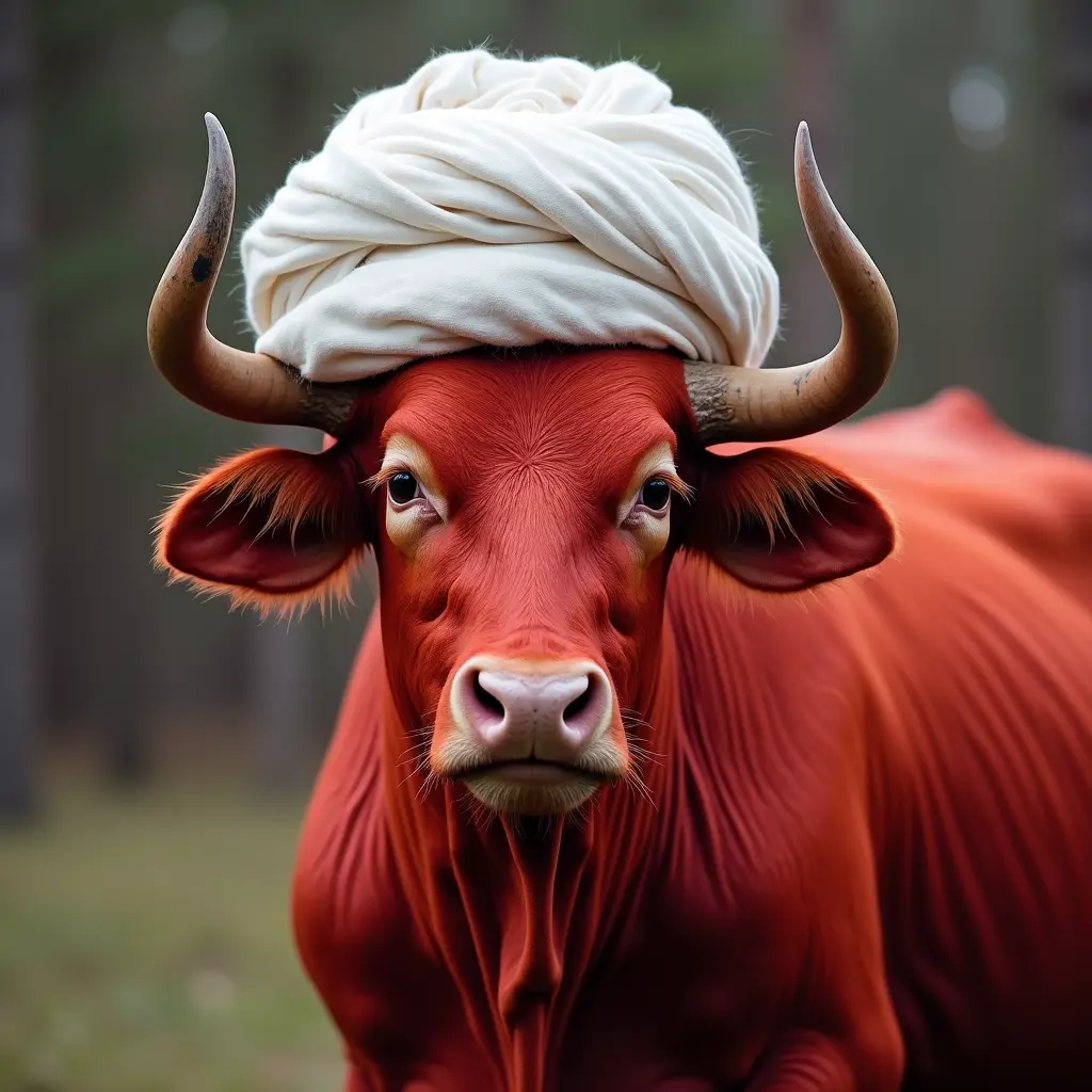 ثور أحمر يبكي يرتدي عمامة بيضاء