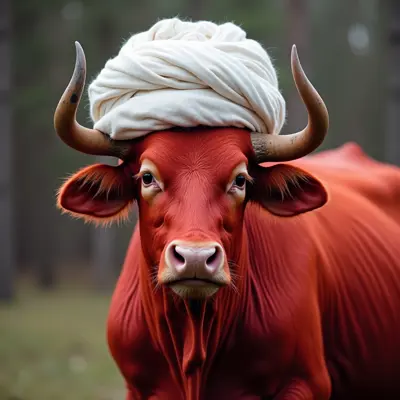 ثور أحمر يبكي يرتدي عمامة بيضاء