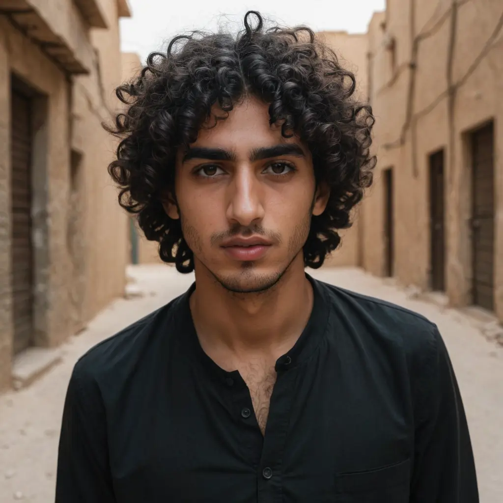 A young Arab man with curly hair and a slender face wears dark clothing and looks slightly to the left, with a look of horror and shock on his face.وجه مرعوب اكتر ومصدوم