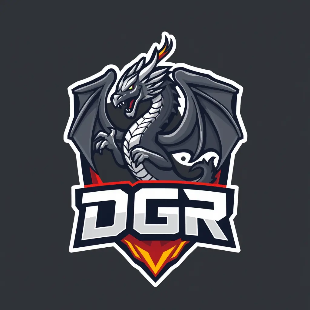 Generate a detailed emblem style logo in 3d for a company named 'DGR' in the internet field. The logo should prominently feature esports and Dragon and Fire which uses gray colors palette.