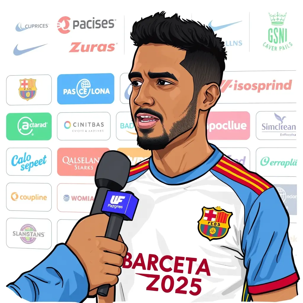 ارسم لي لامين يامال يرتدي زي برشلونة 2025 و و صحفي يمسك ميكروفون و لامين يتكلم و وراه اعلانات و شركات