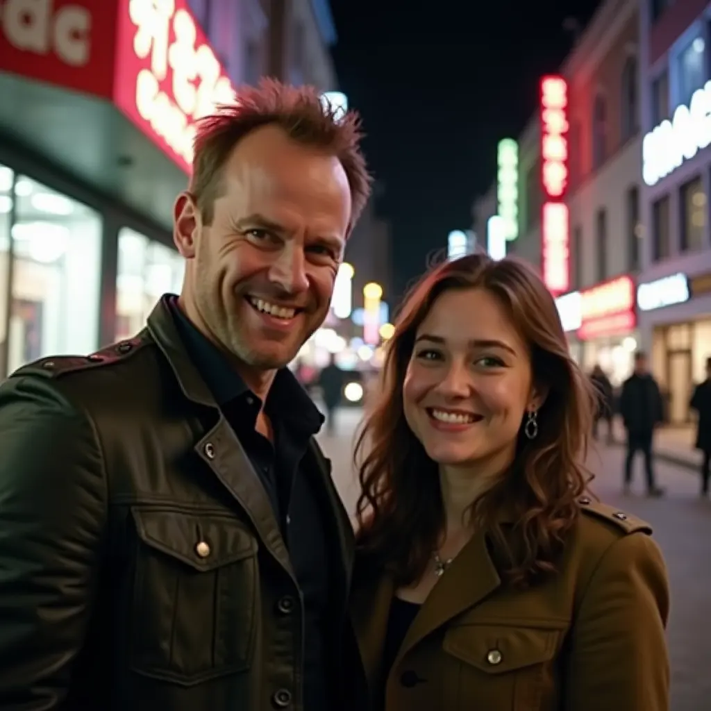 Take an extremely ordinary and unremarkable iPhone selfie, with no clear subject or sense of composition—just a quick accidental snapshot. The photo has slight motion blur and uneven lighting from streetlights or indoor lamps, causing mild overexposure in some areas. The angle is awkward and the framing is messy, giving the picture a deliberately mediocre feel, as if it was taken absentmindedly while pulling the phone from a pocket. The main character is(Jason Statham) stands next to the person, both caught in a casual, imperfect moment. The background shows a lively Street at night, with neon lights, traffic, and blurry figures passing by. The overall look is intentionally plain and random, capturing the authentic vibe of a poorly composed, spontaneous iPhone selfie.