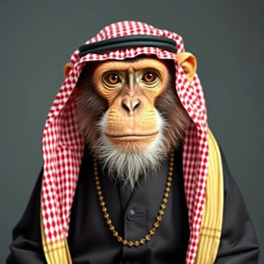 اصنع صورة قرد يرتدي شماغ والزي السعودي
