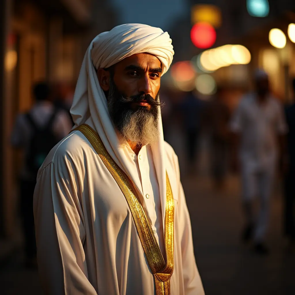 صورة بيئية لرجل صعيدي مصري يرتدي زي جلباب صعيدي وعمامة بيضاء ، وإضاءة جانبية مثيرة، وألوان غنية، وعدسة واسعة الزاوية، وخلفية مزدحمة