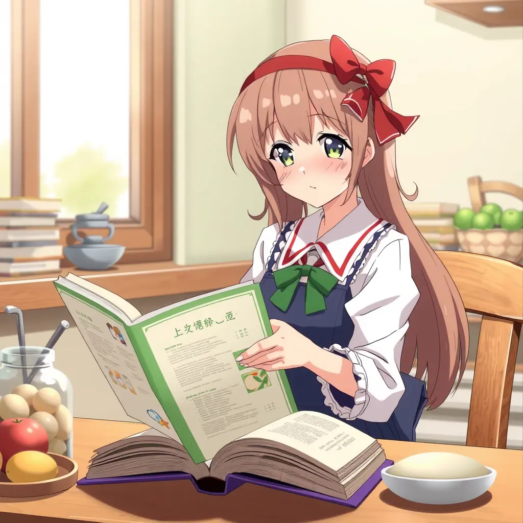 صورة انمي فتاه تقرا كتاب للطبخ