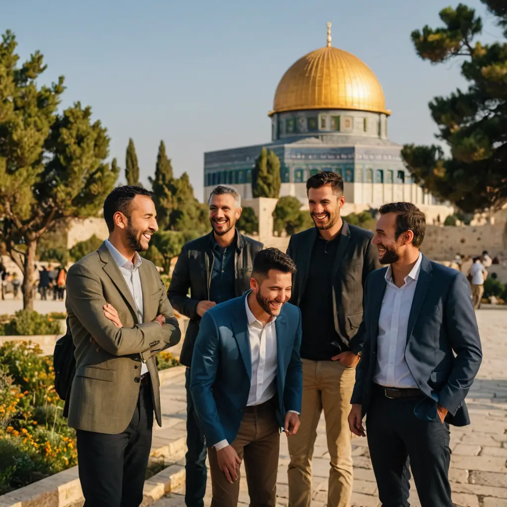 لقطة جماعية لأصدقاء ذكور يضحكون، وإضاءة الساعة الذهبية، وفتحة عدسة واسعة، وعمق مجال ضحل، وإعدادات حديقة حضرية عند مسجد قبة الصخرة