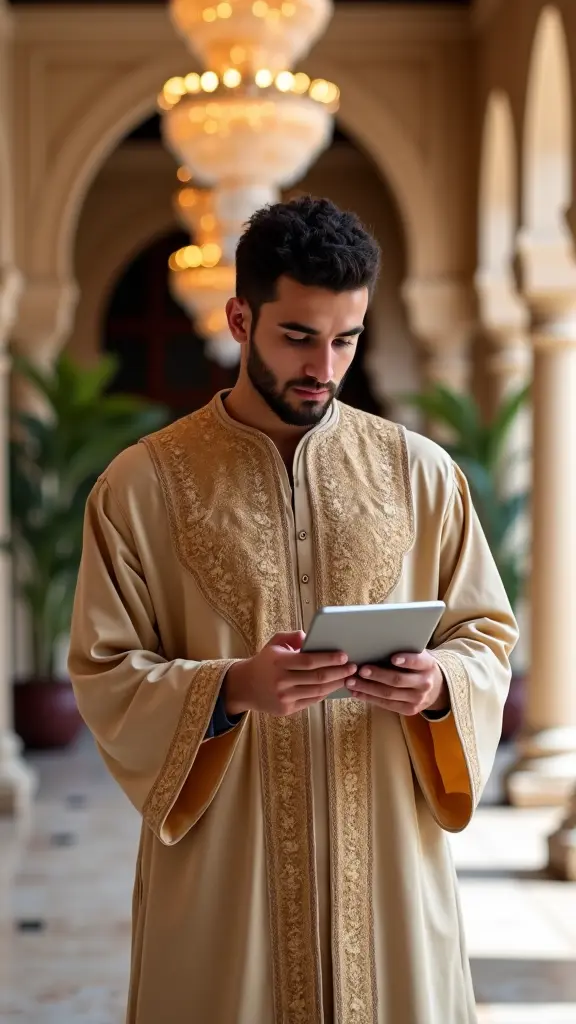 شاب تونسي أنيق يرتدي الجُبّة التونسية التقليدية بلون بيج مزخرفة بتطريزات ذهبية راقية، مع برنوس مطرّز على كتفه يحمل نقوشًا هندسية بزخارف تقليدية بظلال البيج والبني. يعتمر الشاشية الحمراء، رمز الأناقة الرجالية في تونس، مما يعكس أصالة التراث. يقف داخل قاعة ذات طابع معماري تونسي-أندلسي، حيث الأعمدة الرخامية والثريات الفاخرة التي تضيء المكان بإضاءة دافئة. تعابيره هادئة وواثقة، بينما يمسك بيديه جهاز تابلت حديث، ينظر إليه باهتمام، مما يخلق مشهدًا مميزًا يجمع بين التراث العريق والتكنولوجيا الحديثة.