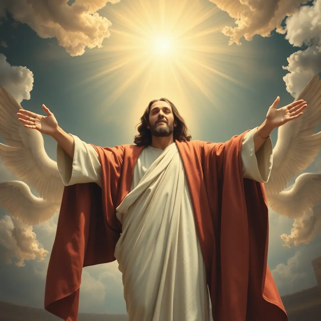 صورة واقعية المسيح فاتح احضانه وحوله الملائكة