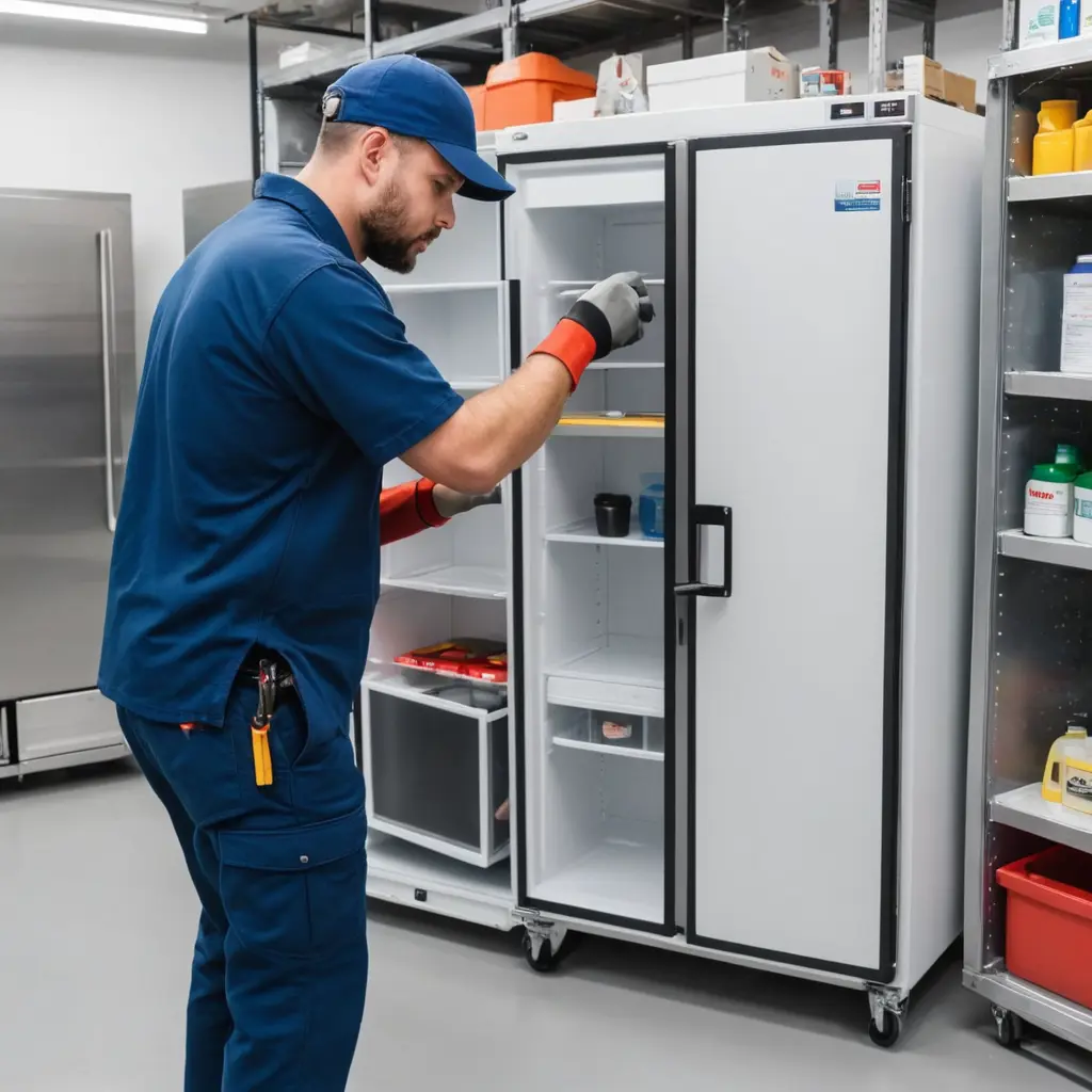 فني صيانة ثلاجات يخمل بيجة صندوق عدة ومن خلفه ثلاجة كبيرة حديثة التي هي بحاجة لصيانة