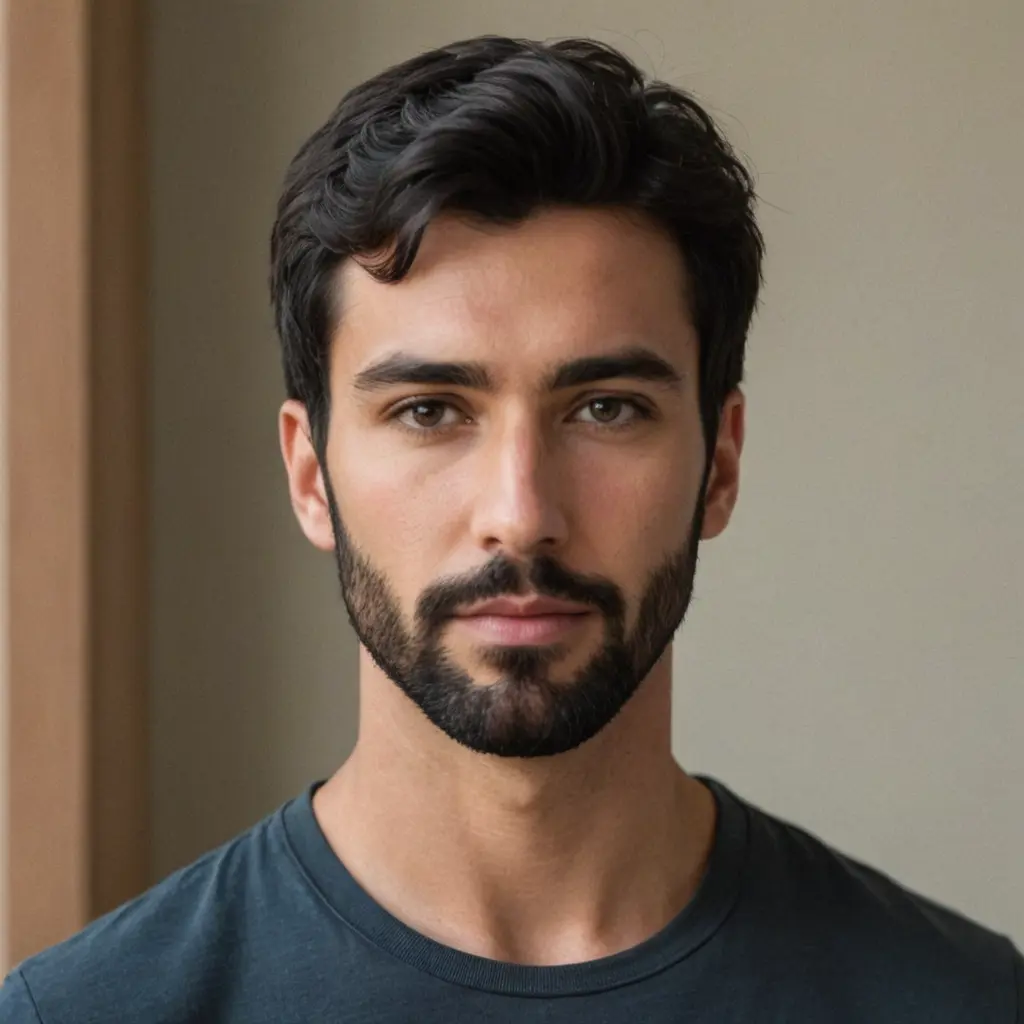 رجل وسيم ذو شعر اسود قصير ولحية قصيرة سوداء يقف باتجاه الكاميرا