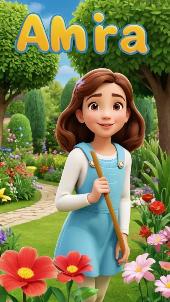 اسم أميرة مكتوب بشكل حلو في صورة بنت كرتون بتلعب في حديقة