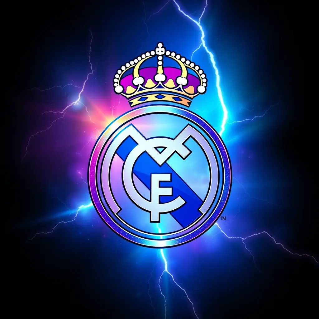 صور شعار نادي ريال مدريد في الفضاء وخلفه الوان قوس قزح وبرق وبدون الصليب اللذي بوق شعار النادي