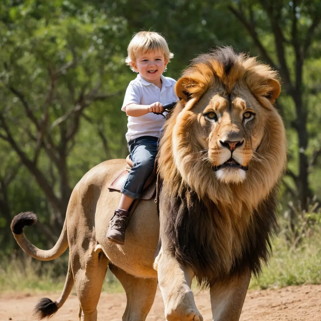 طفل صغير يركب أسد