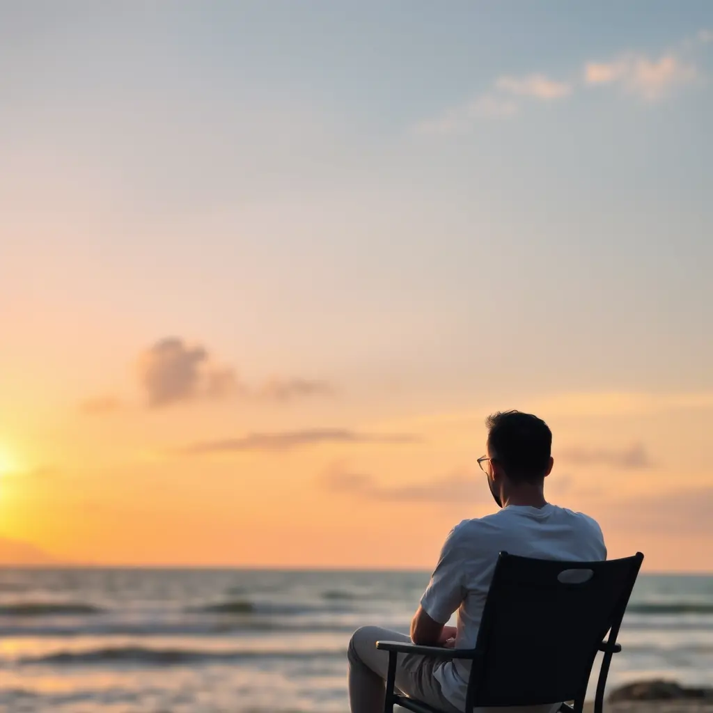صورة شخص يجلس أمام البحر في وقت الغروب على كرسي