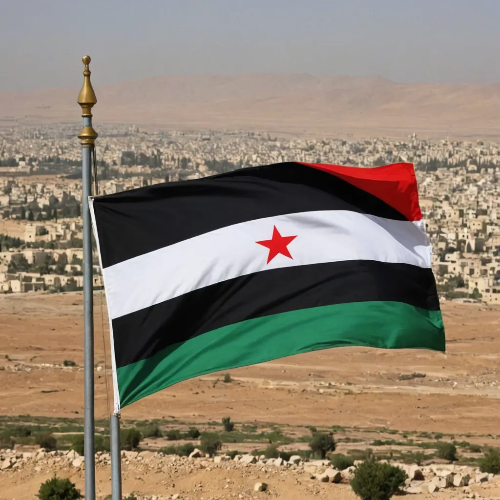 علم سوريا شريط اخضر تجته شريط ابيض في ثلاث نجوم حمراء تحته شريط اسود يرفرف في وسط سوريا