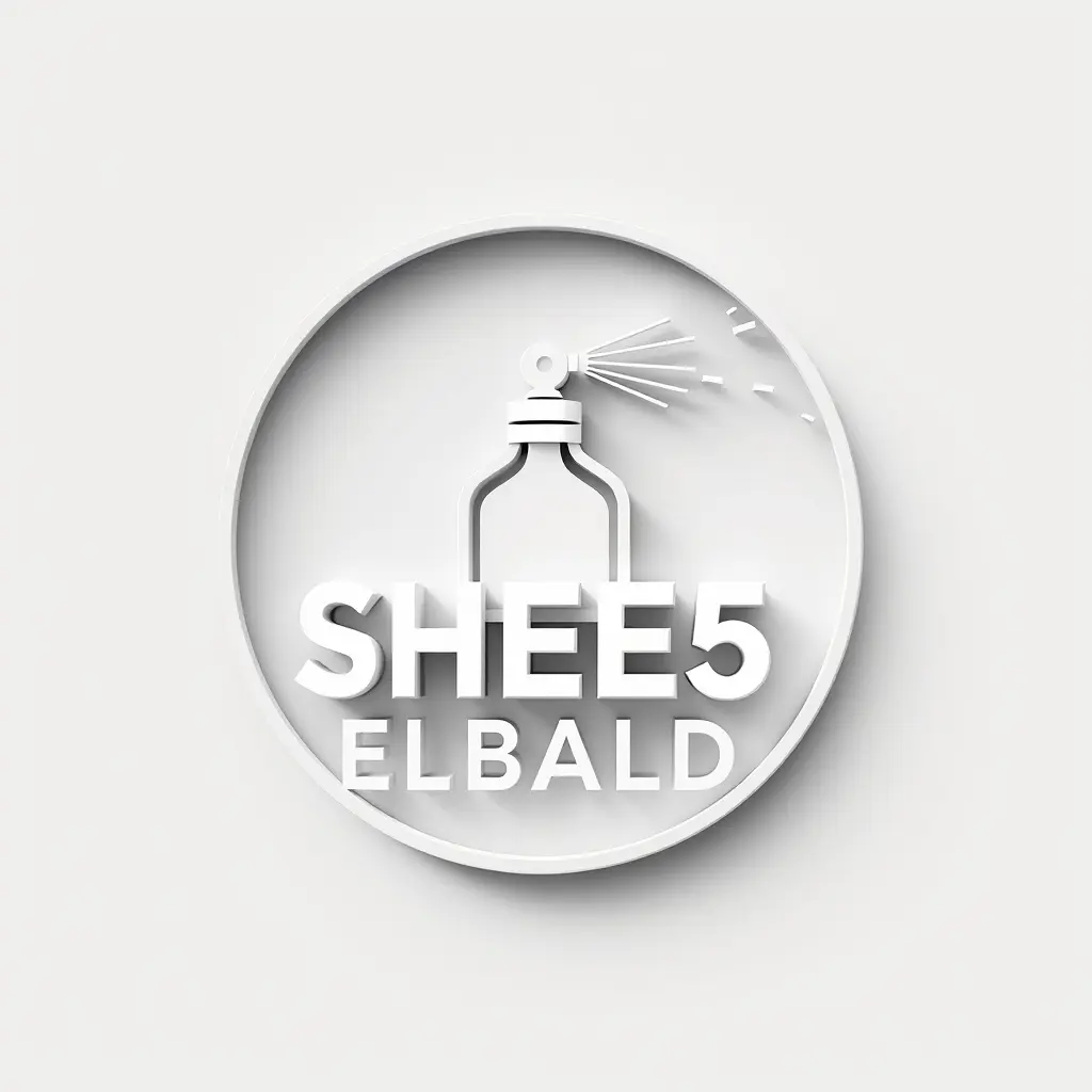 Generate a minimalistic logo in 3d for a company named 'Perfumes.SHEE5 ELBALD' . The logo should prominently feature Perfumes and sheikh and spray .