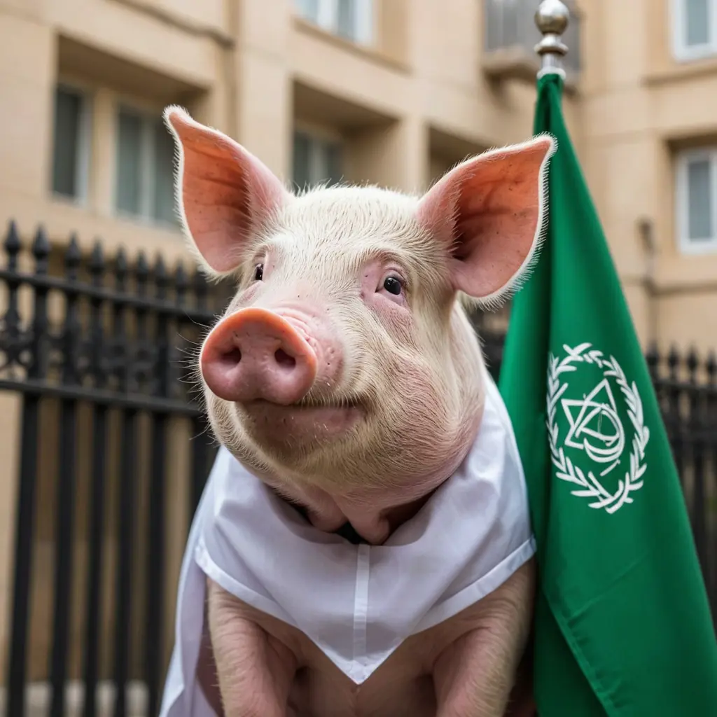 صورة الخنزير يلبس علم السعودية بجانب السفارة الاسرائيلية