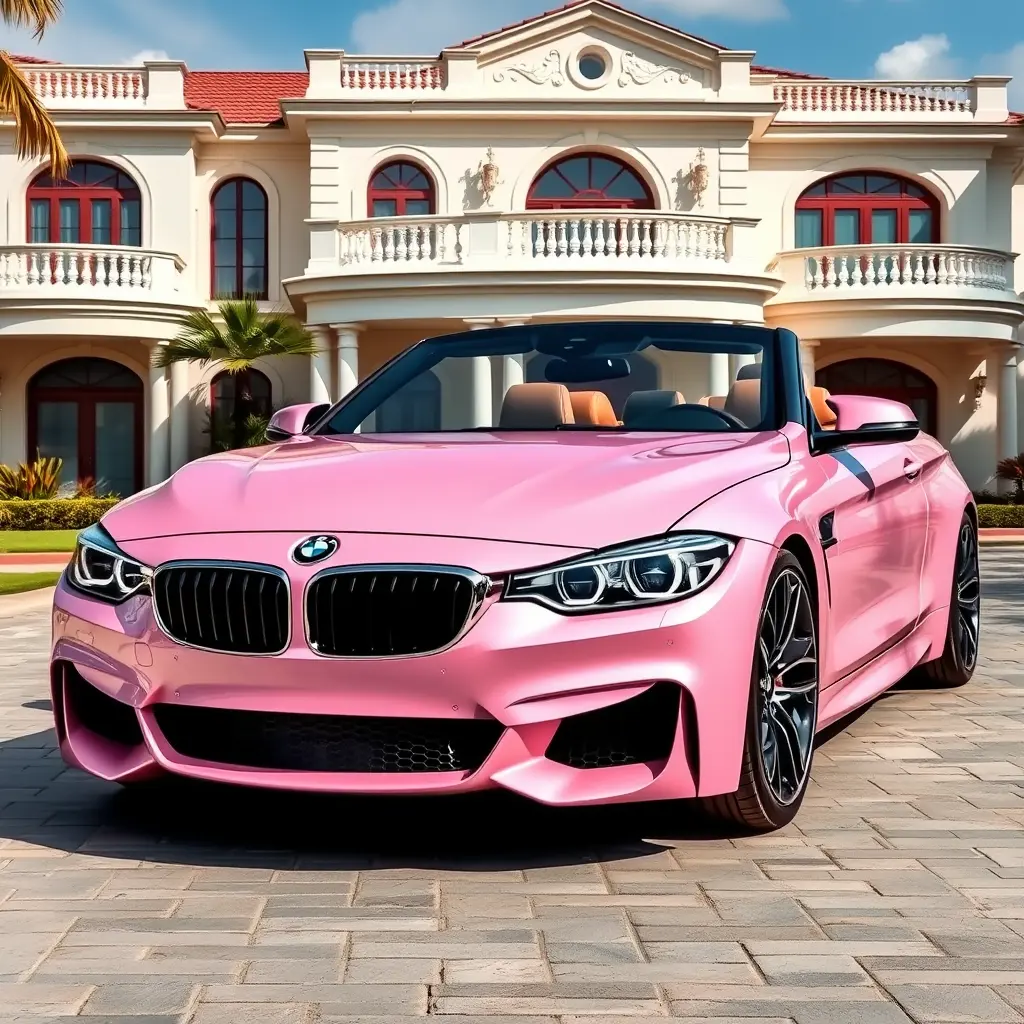سيارة BMW كشف لونها وردي تكون فخمة وامام ڤيلا فخمه وتكون السيارة معدله تعديل فخم