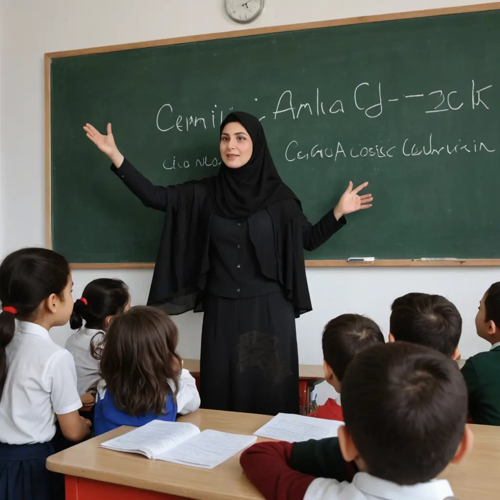 معلمه محجبه تدرس للأطفال و خلفها سبوره علبها اسم Cemila Coşkun