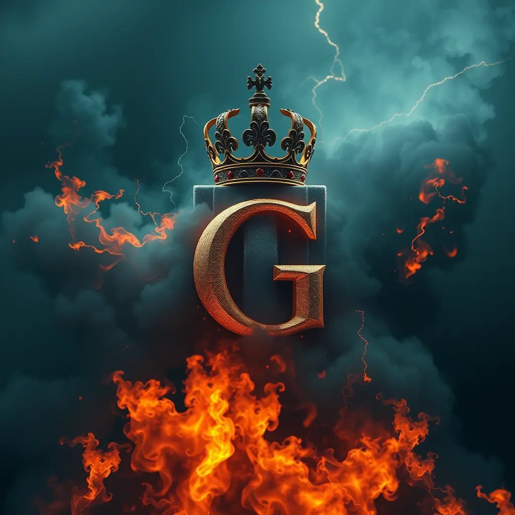 The name "CG" with smoke, thunder and fire and A King crown over it, ultra realistic in detail., cinematic, vibrant, wildlife photography, RAIDN fantasy, typographyv0.1, cinematic, photo, poster, 3d render name CG