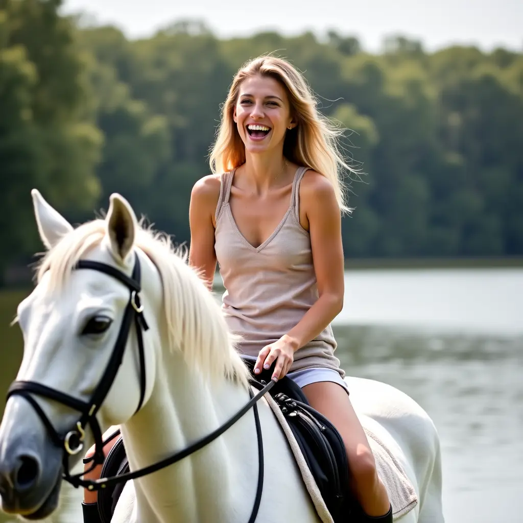 بنت جميله راكبه خيل ابيض وبتضحك