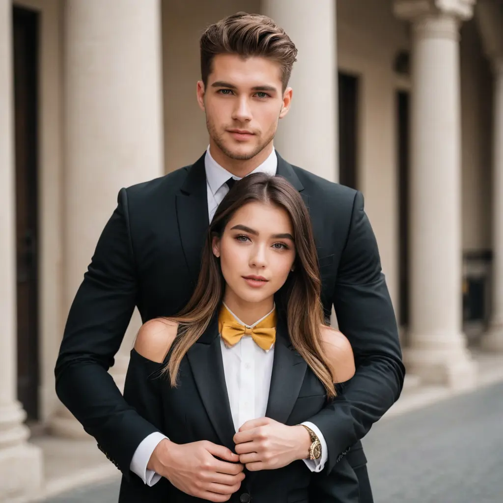 صور شاب عمره 23 عام وسيم وجسم رياضي متناسق يرتدي بدلة سوداء يحمل فتاة جميلة  بين ذراعيه عمرها 23 عام وهي ترتدي طوق ذهبي حول رقبتها