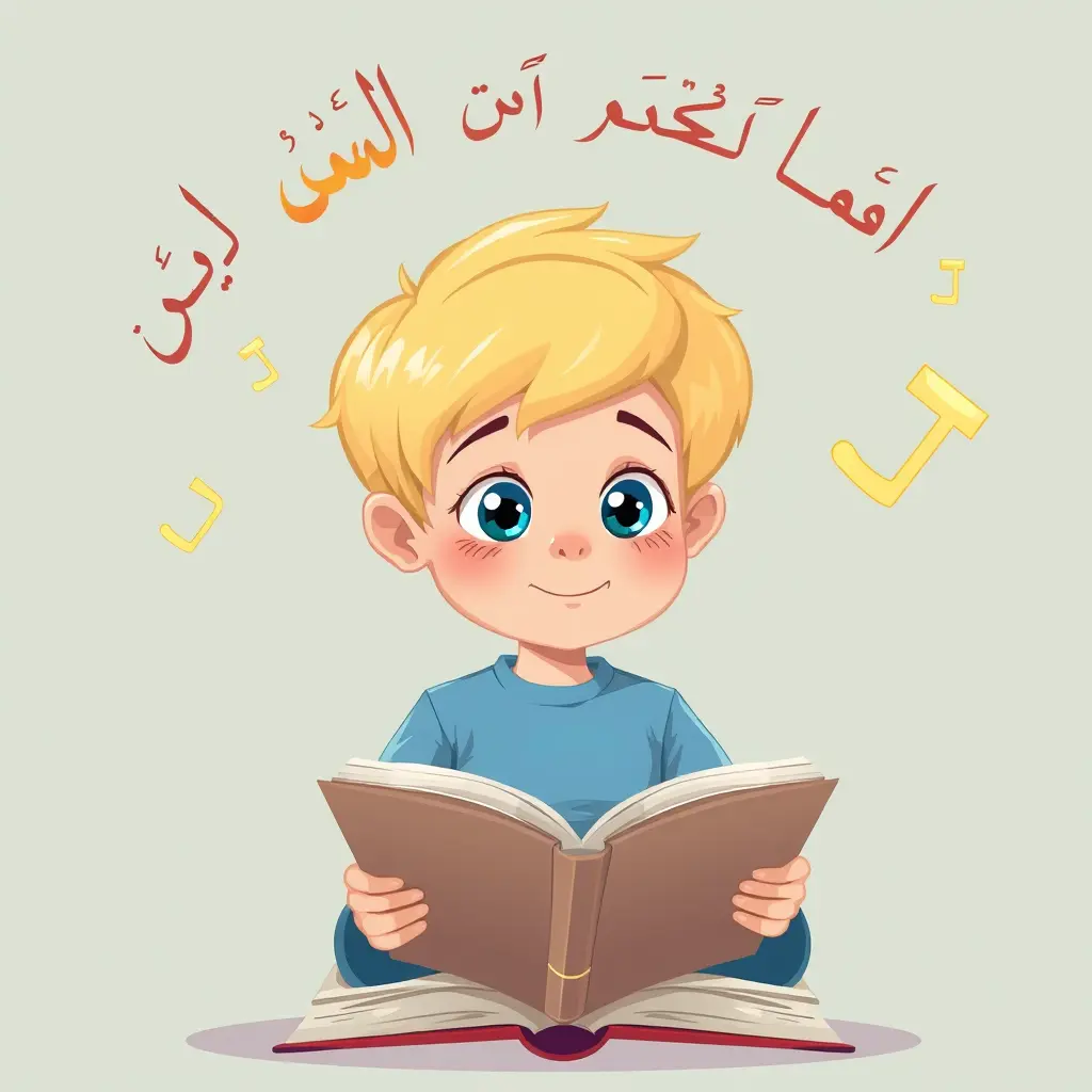 صورة كرتونية لطفل يقرأ كتاب وأحرف من اللغة العربية تتطاير فوقه بشكل جميل الطفل اشقر وعيونه زرق