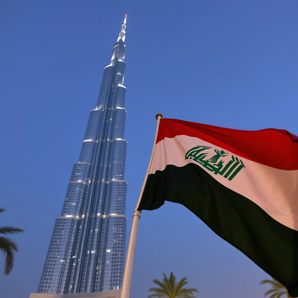علم العراق بجانب مبنا دبي قرب برج خليفا