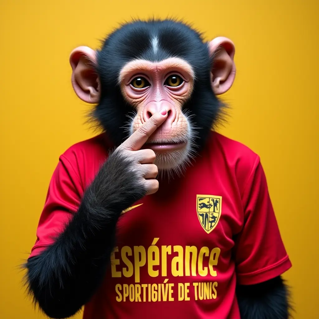 قرد يرتدي قميص الترجي الرياضي التونسي ويضع أصبعه في أنفه