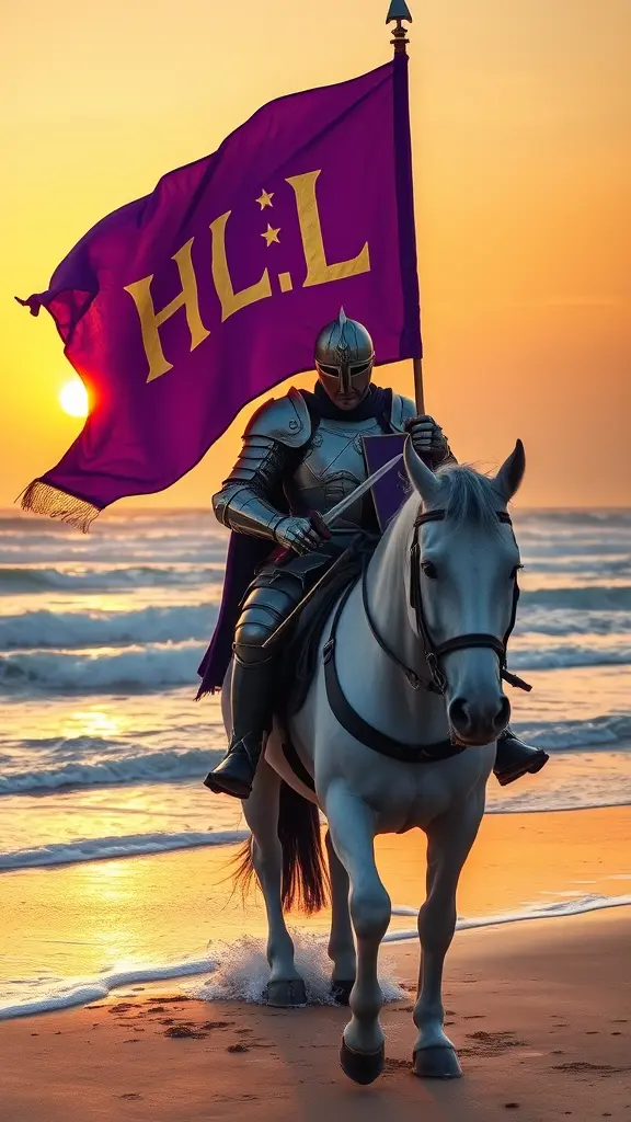 فارس على ظهر حصان، يحمل علمًا أرجوانيًا مكتوب عليه (HLİL) يرتدي الفارس بدلة كاملة من الدروع ذات لمسات ذهبية وخوذة مع تاج في الأعلى. وهو يحمل سيفًا في يده اليمنى ودرعًا في يده اليسرى. الحصان أبيض اللون وبدة وذيل أزرقان. الخلفية عبارة عن شاطئ تتكسر أمواجه على الشاطئ. السماء برتقالية وصفراء، والشمس تغرب في المسافة.