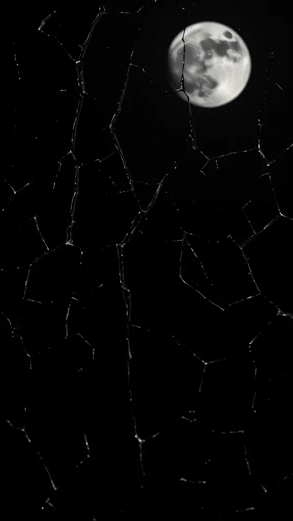 خلفية سوداء زجاج وكسور  وقمر مضيء اسود بالسماء 4k
