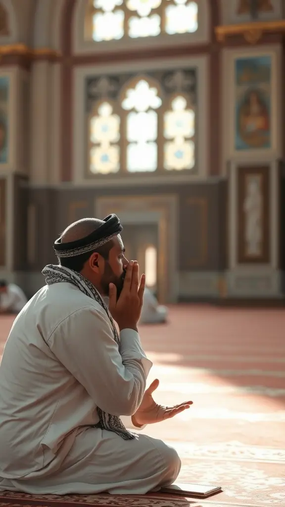 رجل عربي يدعو الله وهو يبكي جاثيا على ركبتيه بالمسجد